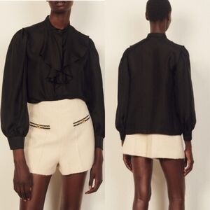 Sandro Gemilla Silk Ruffle Collar Poet Sleeve Button Up Blouse